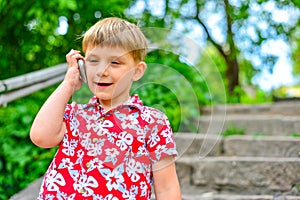Joyful boy talking on the phone while standing in the park on the steps
