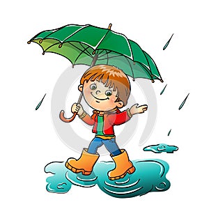 Joyful boy walking in the rain isolated on white