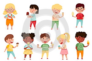 Joyful Boys and Girls Holding and Eating Ice Cream Vector Set