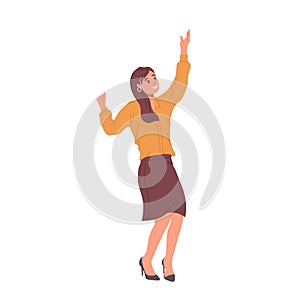 Joyful business woman character celebrating success and victory feeling happy jumping in air