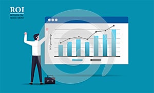Joyful businessman character standing look at the growth bar chart business illustration. Return on investment concept design