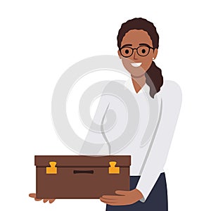 joyful businesswoman hugs suitcase with money. Happy boss and case with cash. Successful business pleasure goal