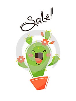 Joyful cactus reports a sale. Vector illustration in cartoon style