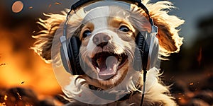 Joyful Canine Happy Dog Listening to Music with Headphones