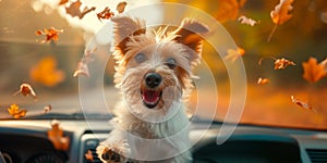 A Joyful Canine Reveling In A Fall Car Ride With Windswept Fur And Autumn Foliage, Space For Text