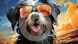 Joyful canine: whimsical sunglasses. Created with Generative AI