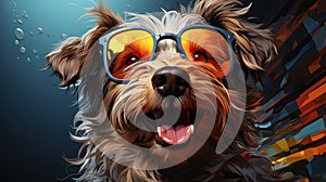 Joyful canine: whimsical sunglasses. Created with Generative AI