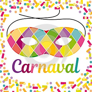 Joyful Carnival illustration with beautfiul Harlequin mask on a colorful confetti and streamers background.