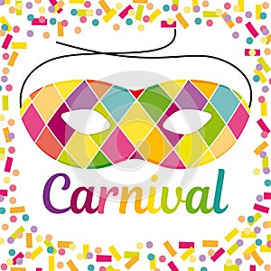 Joyful Carnival illustration with beautfiul Harlequin mask on a colorful confetti and streamers background. photo