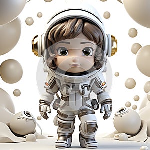 Joyful Cartoon Astronaut Child: Adorable Cosmic Adventure in a Miniature Space Suit with a Radiant Smile.