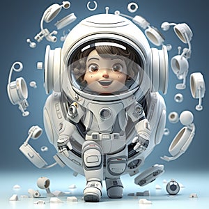 Joyful Cartoon Astronaut Child: Adorable Cosmic Adventure in a Miniature Space Suit with a Radiant Smile.