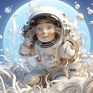 Joyful Cartoon Astronaut Child: Adorable Cosmic Adventure in a Miniature Space Suit with a Radiant Smile.