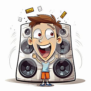 Joyful Cartoon Boy Dancing In Front Of A Loud Speaker