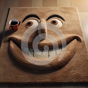 Joyful Cartoon Face Rug With Coffee Cup, Inspired By Mike Campau