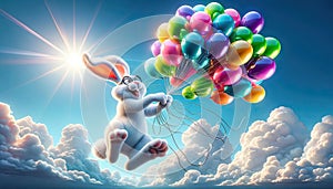 Joyful Cartoon Rabbit Soaring with Vibrant Balloons in Colorful Sky