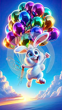 Joyful Cartoon Rabbit Soaring with Vibrant Balloons in Colorful Sky