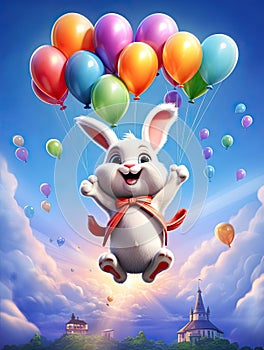 Joyful Cartoon Rabbit Soaring with Vibrant Balloons in Colorful Sky