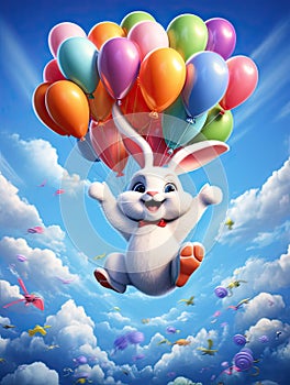 Joyful Cartoon Rabbit Soaring with Vibrant Balloons in Colorful Sky