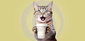 Joyful cat with a cup of coffee
