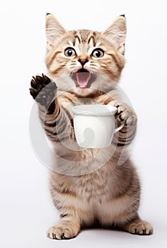 Joyful cat with a cup of coffee