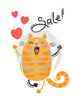 A joyful cat reports a sale. Vector illustration in cartoon style