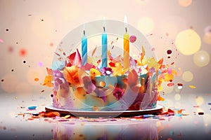 Joyful celebration, colorful confetti surrounding a birthday cake with burning candles