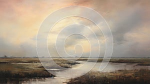 Joyful Celebration Of Nature A Soft, Atmospheric Painting Of A Marsh And Sky photo