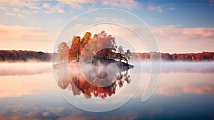 Joyful Celebration Of Nature: Sunrise Among Autumn Trees With Mists On The Lake