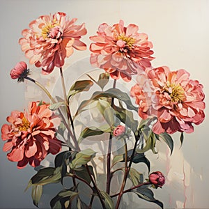 Joyful Celebration Of Nature: Three Pink Flowers In The Style Of Kathrin Longhurst