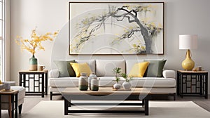 Joyful Celebration Of Nature: Yellow Accented Living Room With Big Painting photo