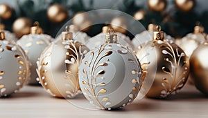 Joyful celebration with shiny gold Christmas ornaments on a winter background generated by AI
