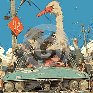 Joyful Chaos: Ostriches and Vehicles Collide in an Urban Jungle