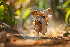 Joyful Chihuahua Running Energetically in Sunlit Forest with Motion Blur and Natural Background