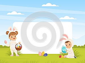 Joyful Children in Bunny Costume Holding Easter Basket and Painted Fggs for Holiday Near Empty Rectangular Space Vector