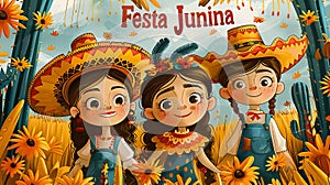 Joyful Children Celebrating Festa Junina in Colorful Costumes