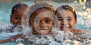 Joyful Children Of Color Radiate Happiness, Splashing And Smiling In A Pool, Copy Space