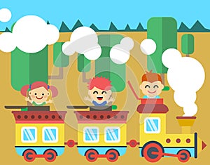 Joyful children ride on the train