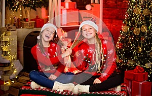 Joyful christmas. Friendly relations. Girls friends soulmates celebrate christmas. Happy holidays. Fun and cheer. Best