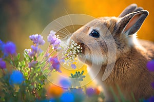 a joyful and colorful easter bunny smelling a colorful spring flower