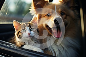 Joyful companionship Happy dog and cat in car together