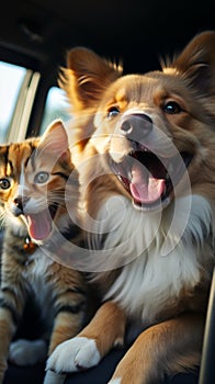 Joyful companionship Happy dog and cat in car together