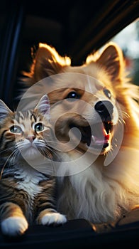 Joyful companionship Happy dog and cat in car together
