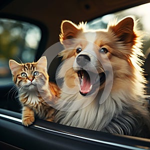 Joyful companionship Happy dog and cat in car together