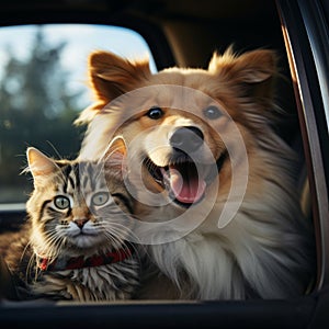 Joyful companionship Happy dog and cat in car together