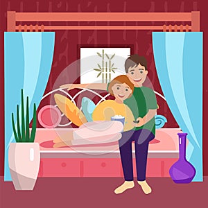 Joyful couple relaxed home cozy sofa, people spend time together watching an interesting movie, cartoon vector