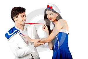Joyful couple roleplay sailor uniform