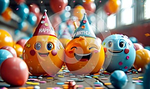 Joyful 3D emoji faces wearing party hats with HAPPY BIRTHDAY message balloons confetti celebrating a festive and cheerful birthday