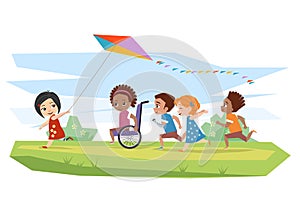 Joyful disabled children and healthy run and run kite outdoors