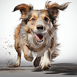 Joyful dog bounds through the mud, its glossy coat