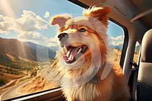 Joyful Dog Delighting in Car Ride, Head Out Window, Feeling Wind on Face and Wagging Tail